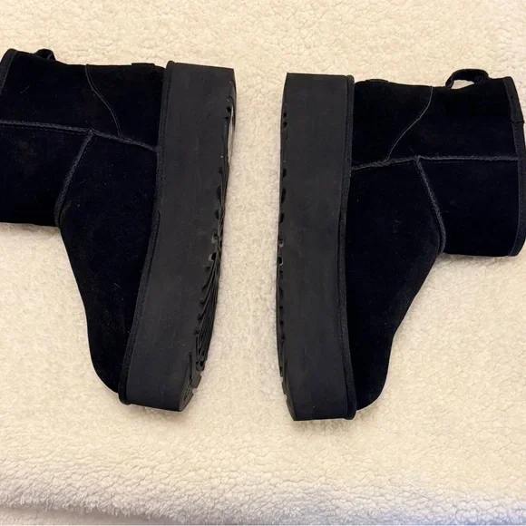 UGG Black Suede Shearling Platform Ankle Boots - Picture 3 of 6
